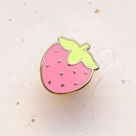 Mini Cute Strawberry Enamel Pin - Gold Plated Food Brooch - Kawaii Jewelry - Picture 1 of 10